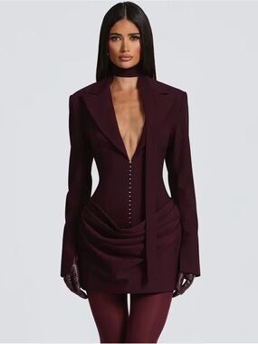 Structured Plunge Blazer Dress in Deep Wine